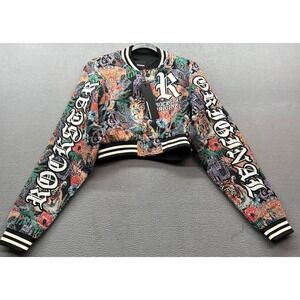 Rockstar Original Bomber JacketSz M Multicolor Floral Tapestry Tiger Art Cropped